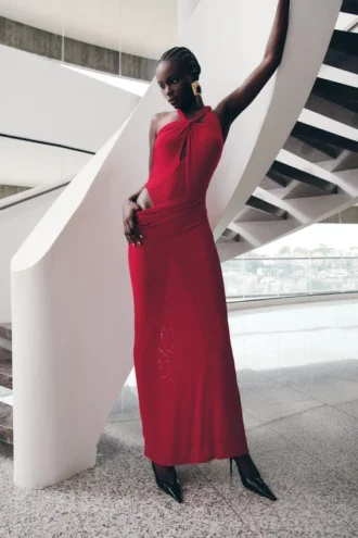 Edwina Knotted Mesh Maxi Dress – Red