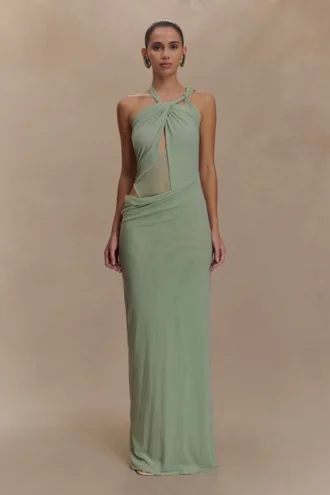 Edwina Knotted Mesh Maxi Dress – Sage