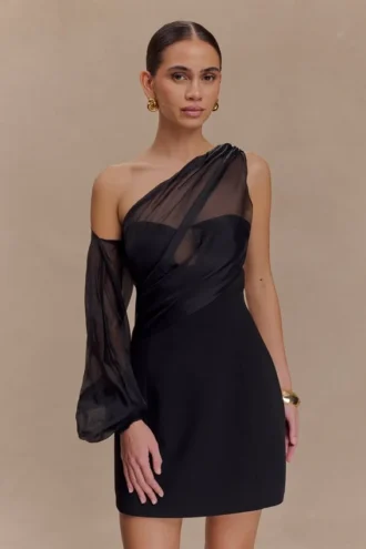 Effie Organza One Sleeve Mini Dress – Black