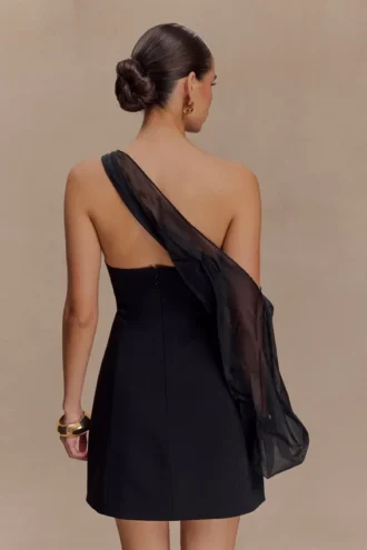 Effie Organza One Sleeve Mini Dress – Black