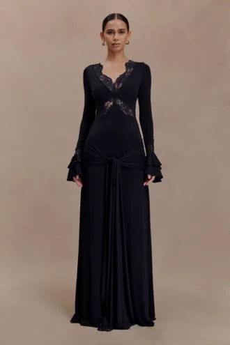Electra Slinky Lace Maxi Dress – Black