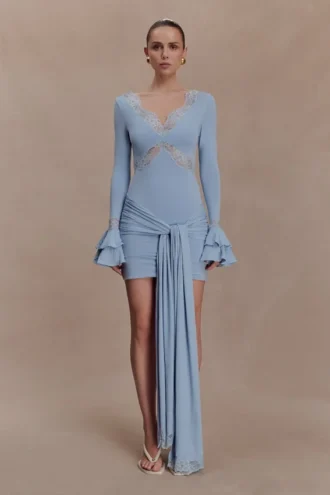 Electra Slinky Lace Mini Dress – Pale Blue