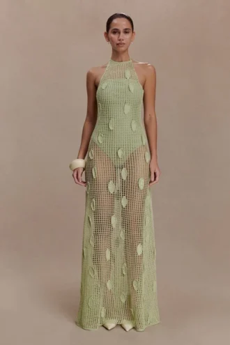 Elfie Crochet Halter Maxi Dress – Pastel Green