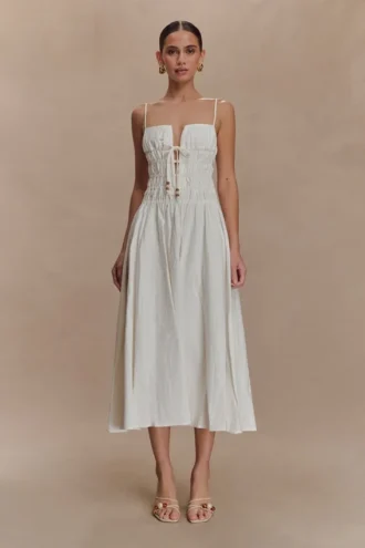 Elias Shirred Cotton Midi Dress – White