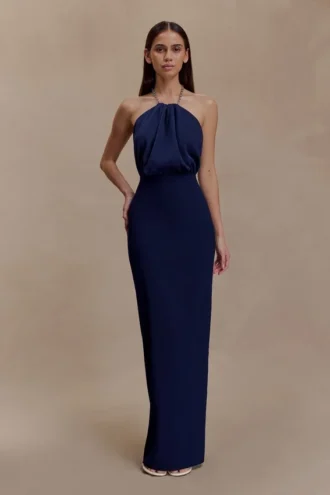Elina Satin Necklace Maxi Dress – Navy