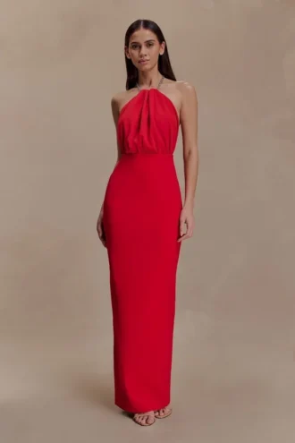 Elina Satin Necklace Maxi Dress – Red