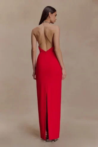 Elina Satin Necklace Maxi Dress – Red