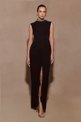 Elisa Diamante Neck Maxi Dress – Black