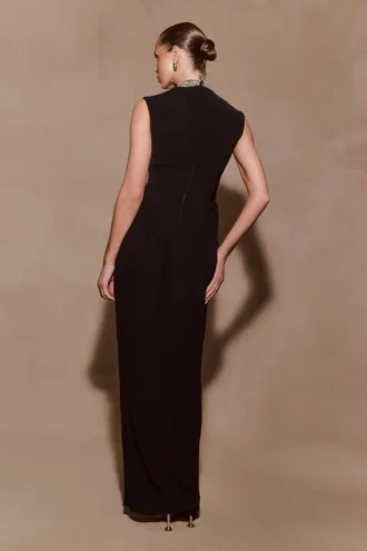 Elisa Diamante Neck Maxi Dress – Black