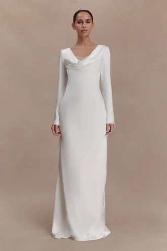Eliza Long Sleeve Cowl Lace And Satin Maxi Dress – Ivory