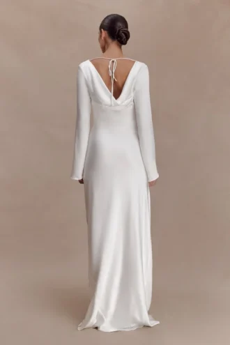 Eliza Long Sleeve Cowl Lace And Satin Maxi Dress – Ivory