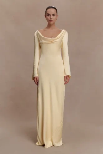 Eliza Long Sleeve Cowl Lace And Satin Maxi Dress – Lemon