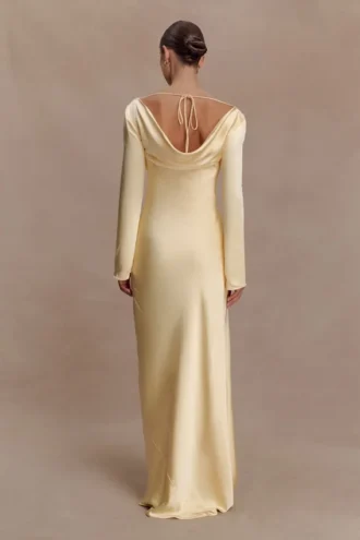 Eliza Long Sleeve Cowl Lace And Satin Maxi Dress – Lemon