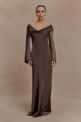 Eliza Long Sleeve Cowl Lace And Satin Maxi Dress – Mocha