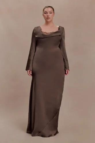 Eliza Long Sleeve Cowl Lace And Satin Maxi Dress – Mocha