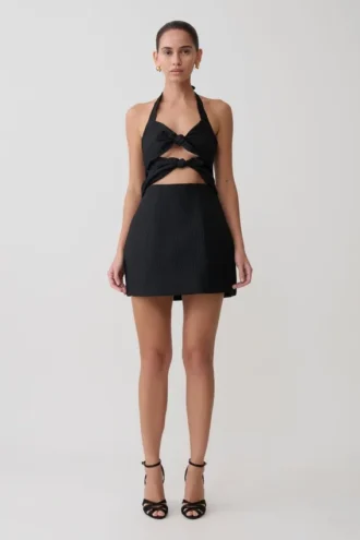 Ella Bow Detail Halter Mini Dress – Black