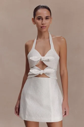 Ella Bow Detail Halter Mini Dress – White