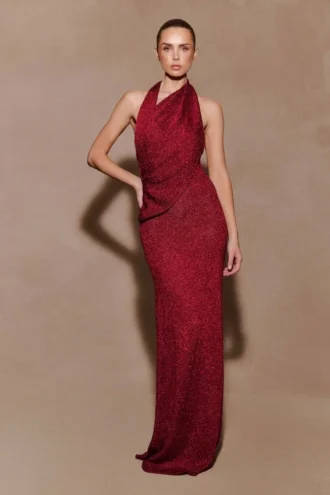 Elma Lurex Knit Halter Maxi Dress – Deep Red