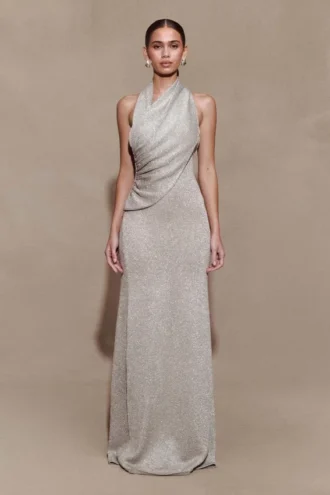 Elma Lurex Knit Halter Maxi Dress – Silver