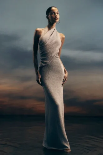 Elma Lurex Knit Halter Maxi Dress – Silver