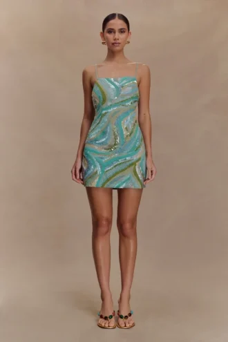 Eloise Hand Beaded Mini Dress – Blue Swirl Print