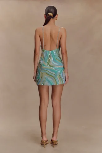 Eloise Hand Beaded Mini Dress – Blue Swirl Print