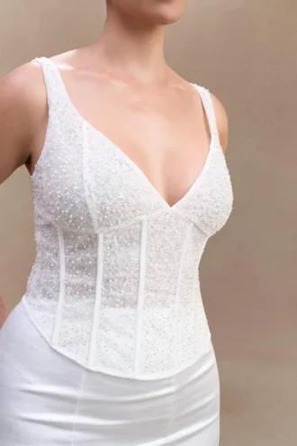Elsie Pearl Beaded Bustier Top – White