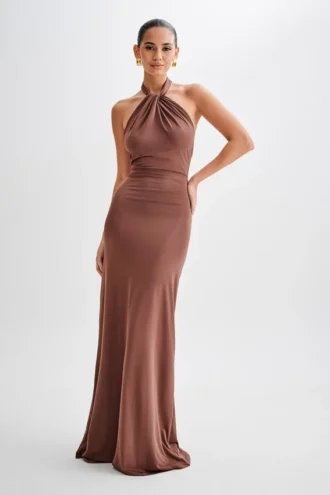 Elyna Slinky Halter Maxi Dress – Chocolate