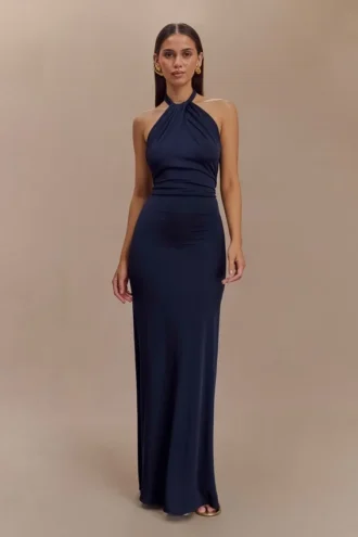Elyna Slinky Halter Maxi Dress – Navy