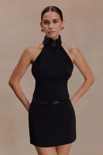 Emilia Beaded Neck Halter Top – Black