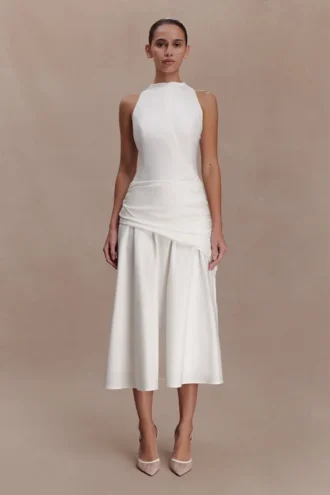 Emily Wrapped Waist Midi Dress – White