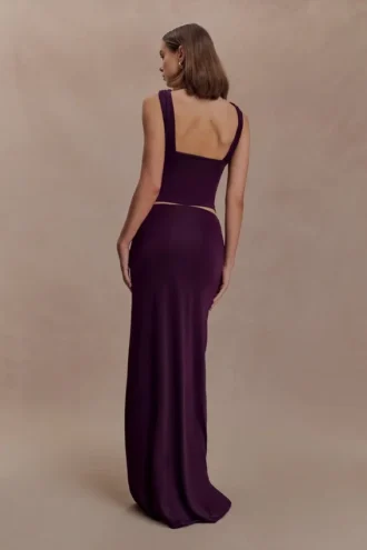 Erina Slinky Ruched Maxi Skirt With Hardware – Aubergine