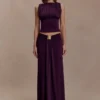 Erina Slinky Ruched Maxi Skirt With Hardware – Aubergine Erina Slinky Ruched Maxi Skirt With Hardware – Aubergine