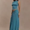 Erina Slinky Ruched Maxi Skirt With Hardware – Teal Erina Slinky Ruched Maxi Skirt With Hardware – Teal