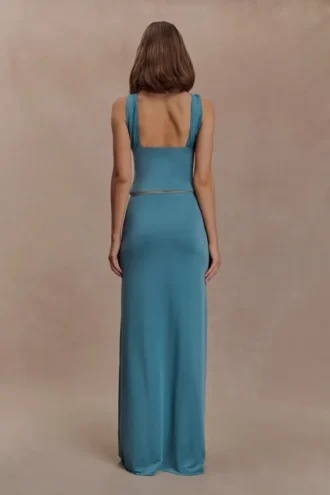 Erina Slinky Ruched Maxi Skirt With Hardware – Teal