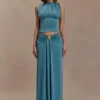 Erina Slinky Ruched Maxi Skirt With Hardware – Teal Erina Slinky Ruched Maxi Skirt With Hardware – Teal