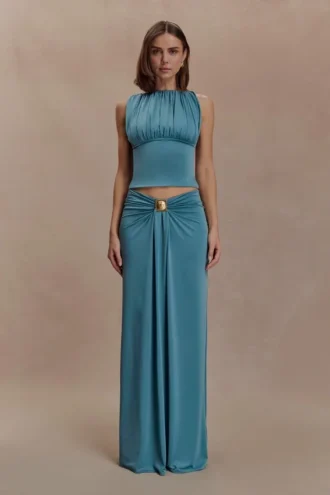 Erina Slinky Ruched Maxi Skirt With Hardware – Teal