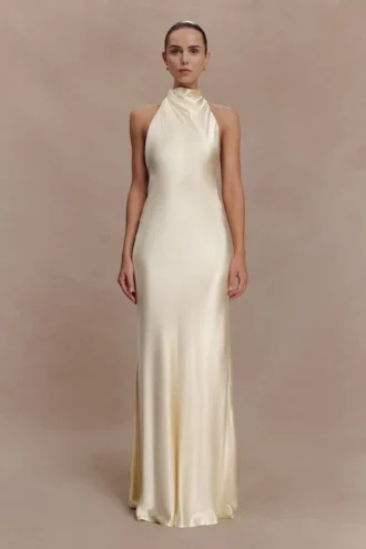 Esther Iridescent Satin Cowl Maxi Dress – Lemon Sorbet