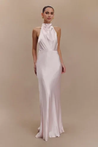 Esther Iridescent Satin Cowl Maxi Dress – Pale Pink