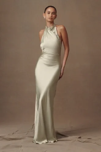 Esther Iridescent Satin Cowl Maxi Dress – Sage