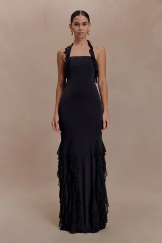 Etta Ruffle Slinky Maxi Dress – Black