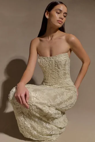Eva Hand Beaded Pearl & Lace Maxi Dress – White