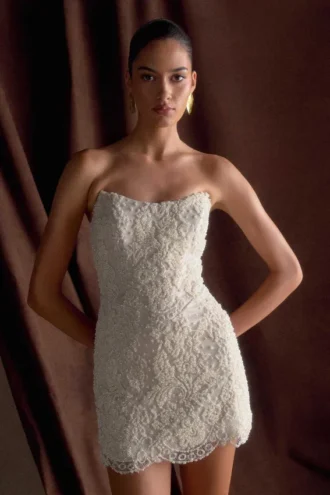 Eva Hand Beaded Pearl & Lace Mini Dress – White