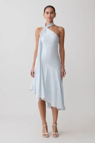 Evelina Halter Asymmetric Hem Midi Dress – Ice Blue