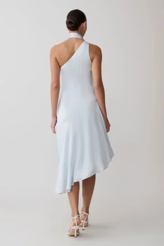 Evelina Halter Asymmetric Hem Midi Dress – Ice Blue