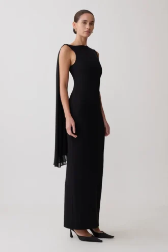 Farid Bandage Midi Dress With Chiffon – Black