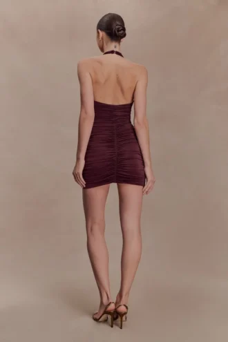 Fleur Ruched Slinky Mini Dress – Mahogany