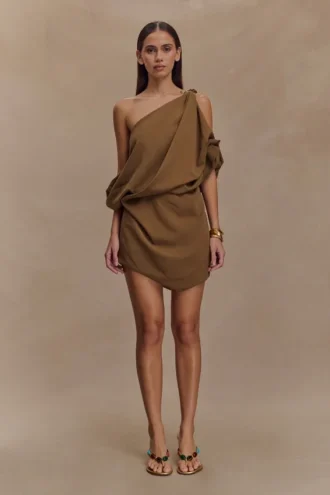 Gabriella Draped Mini Dress – Light Brown Marle