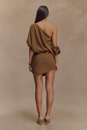 Gabriella Draped Mini Dress – Light Brown Marle