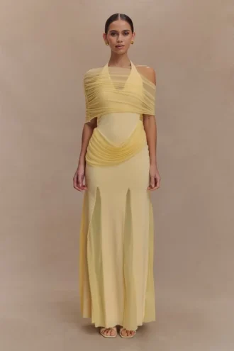 Gabrielle Slinky And Mesh Maxi Dress – Lemon